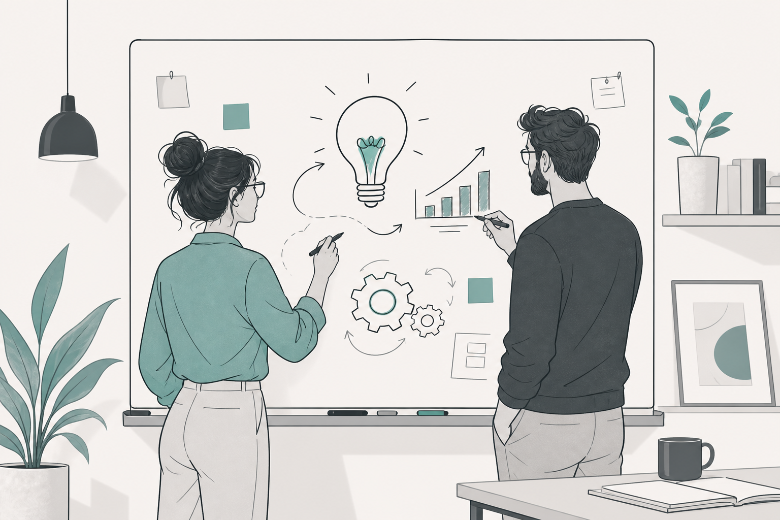 Two colleagues sketching ideas and plans on a whiteboard
