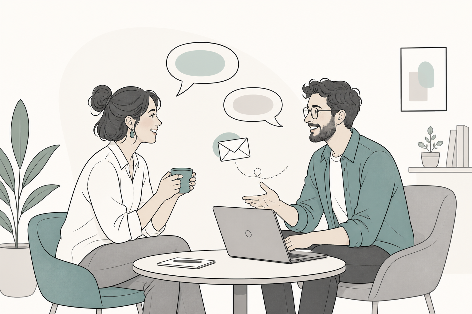 Two people having a friendly conversation about a project