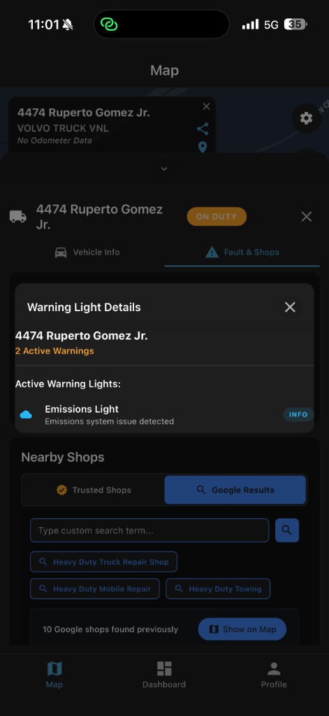 Warning light details and nearby shops search