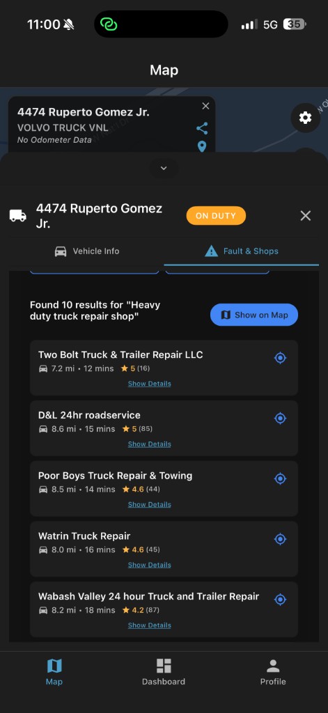 Fault and shops search results on map