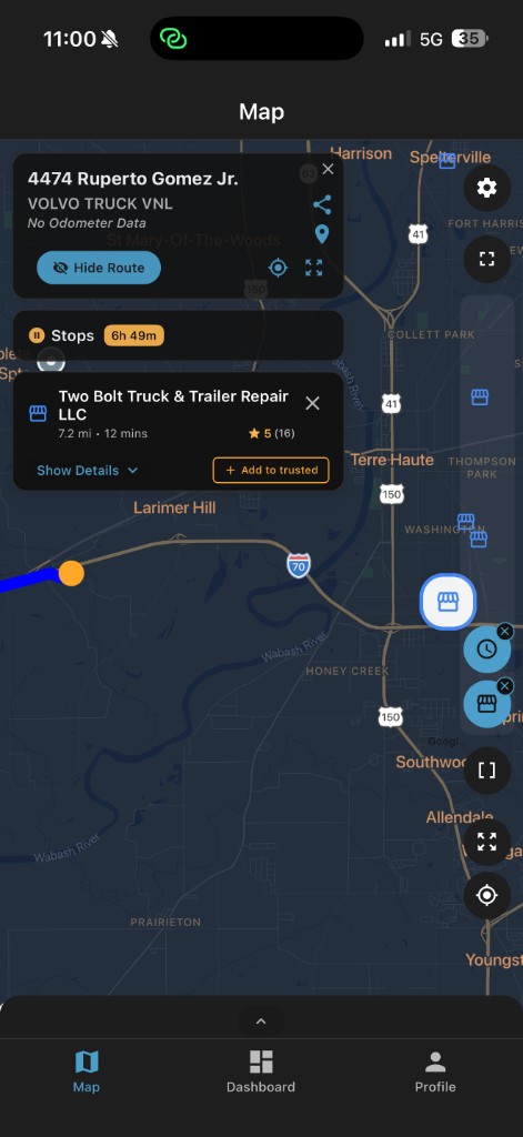 Map with vehicle and shop card, add to trusted
