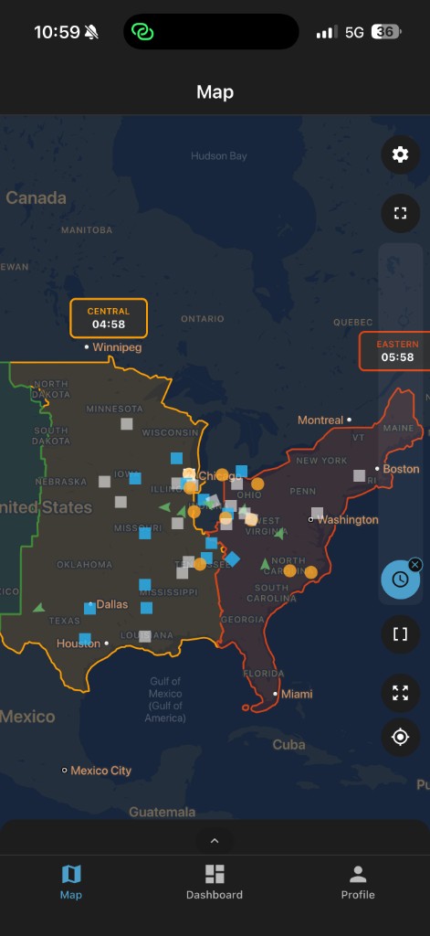Map with time zones and timeline