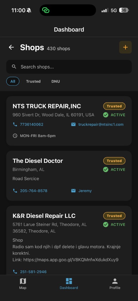 Shops list with search and filters