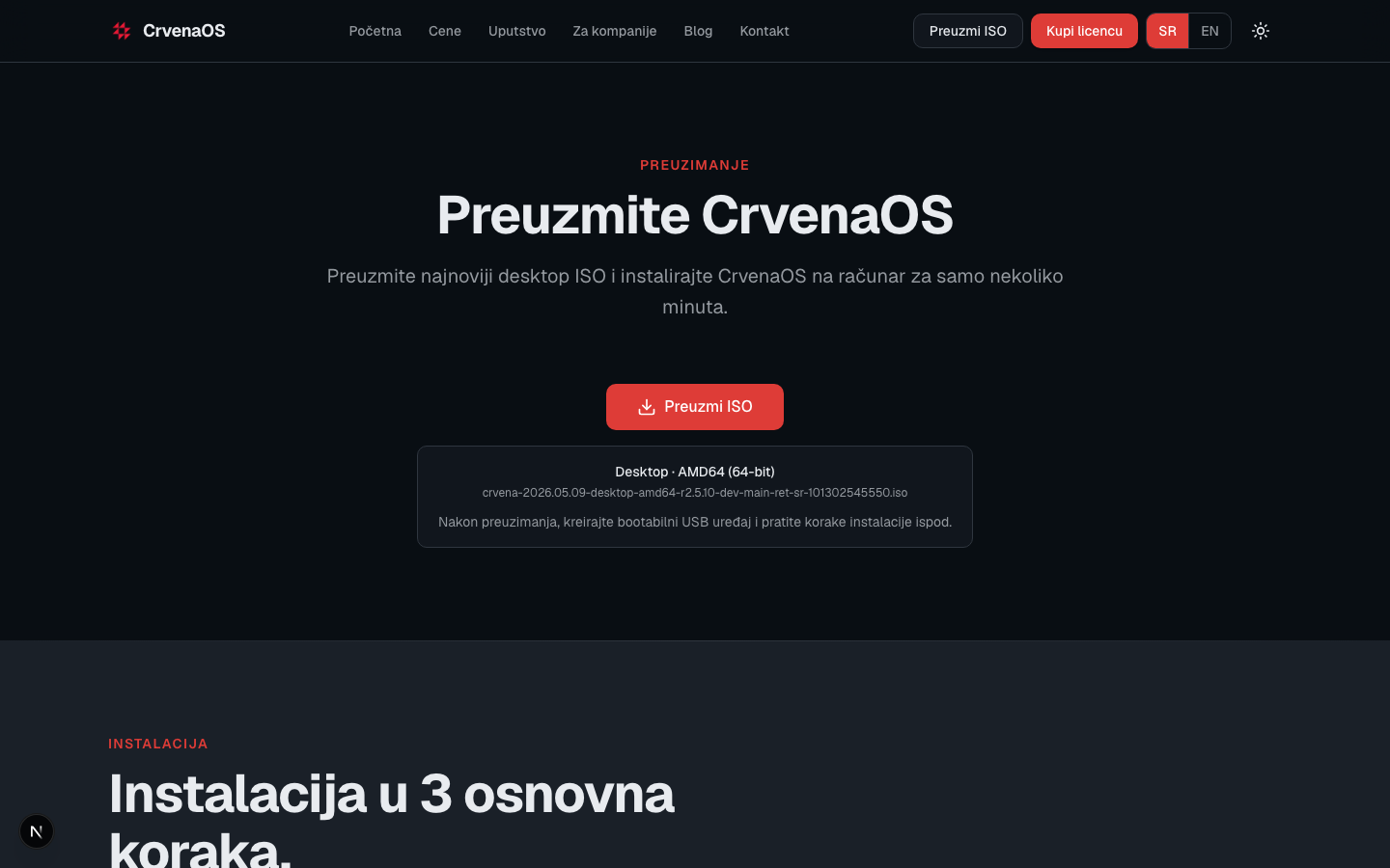 ISO download page for CrvenaOS desktop image