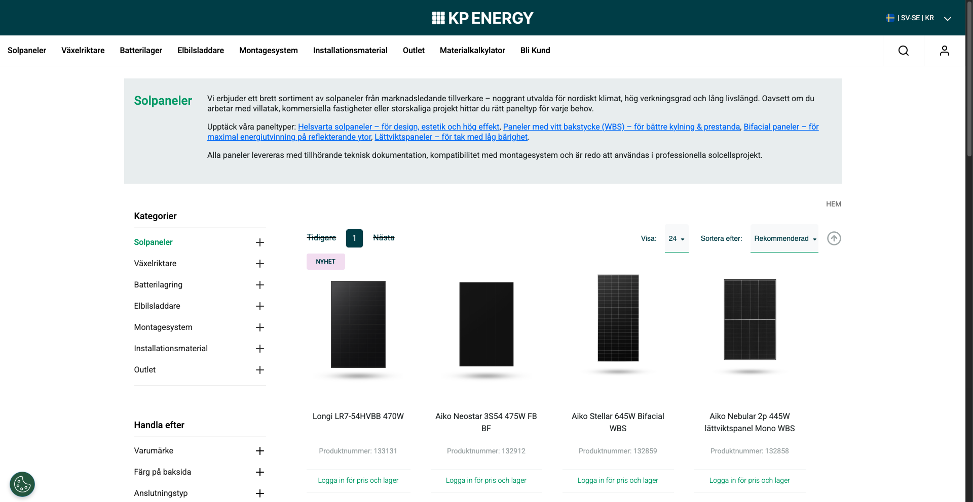 Main product categories on KP Energy shop