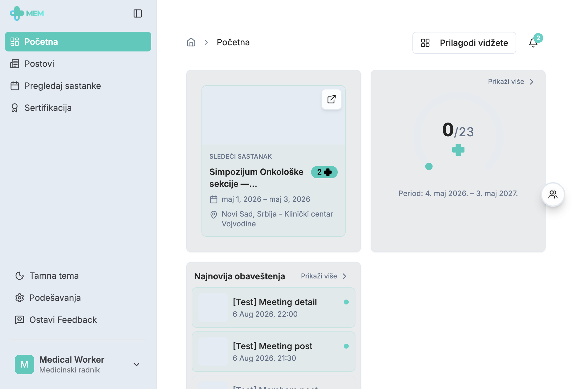Medical worker home dashboard with next meeting and CME points