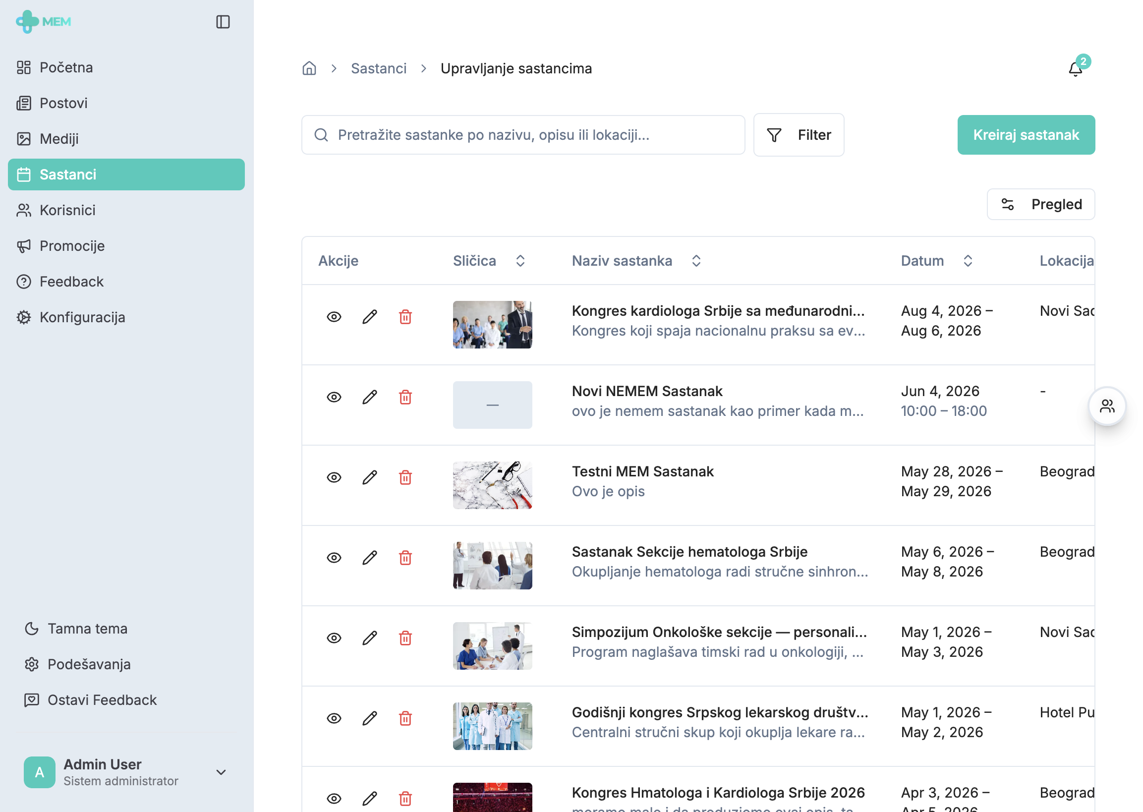 Admin meetings management table with create and filters