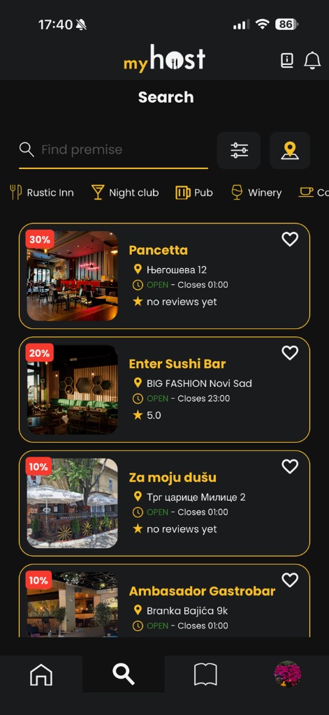 MyHost search with categories and venue cards