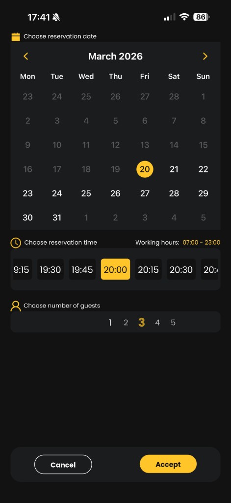 MyHost reservation date, time, and party size