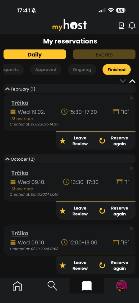 MyHost my reservations and table numbers